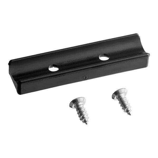 A black metal glide bracket with two mounting holes, accompanied by two silver screws.