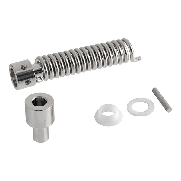 A set of metal and plastic mechanical components, including a coiled spring, cylindrical parts, washers, and a pin, arranged on a white background.
