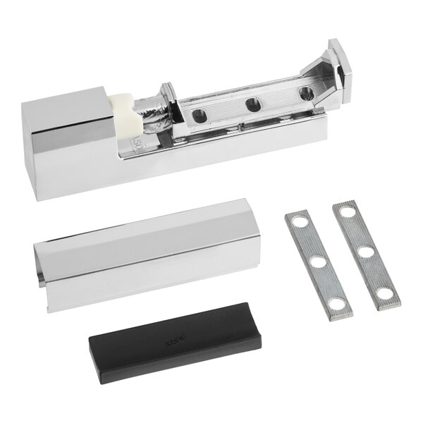 A metal hinge assembly set with a chrome finish, including the main hinge, cover, two mounting plates, and a black plastic component.