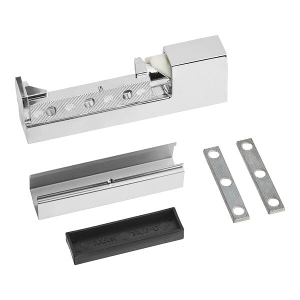 A metal hinge assembly kit with several components, including a main hinge piece, mounting brackets, and screws.