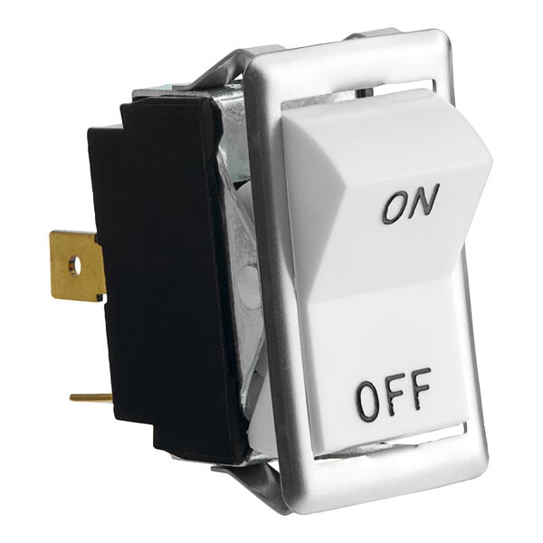 A close-up of a white Blodgett rocker switch with black rectangles.