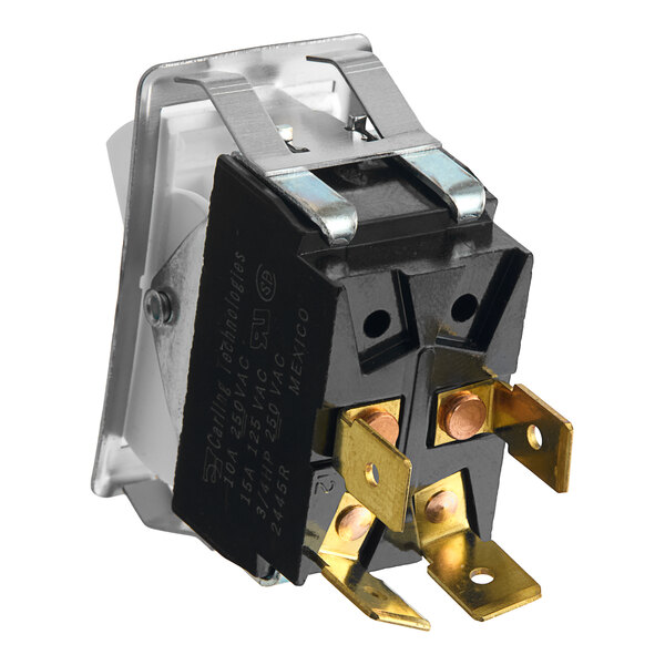 A close up of a white Blodgett rocker switch with two wires and two gold connectors.