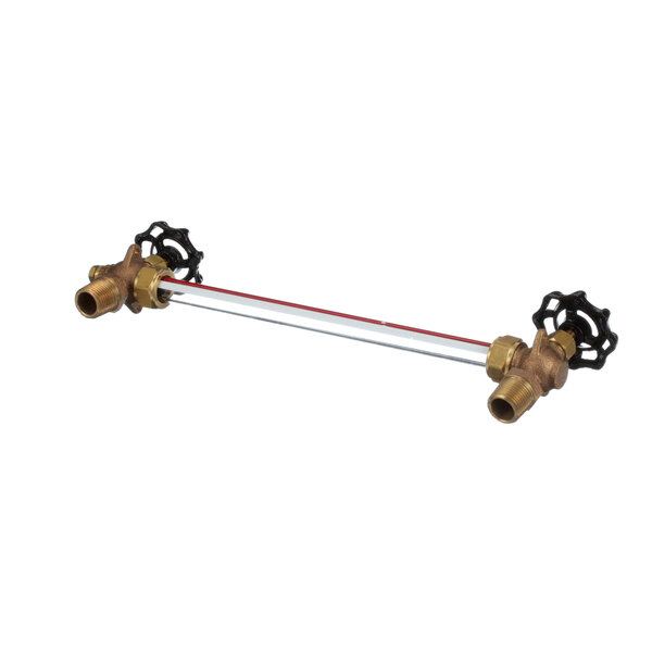A Cleveland metal and brass pipe with red and black knobs and a long glass tube.