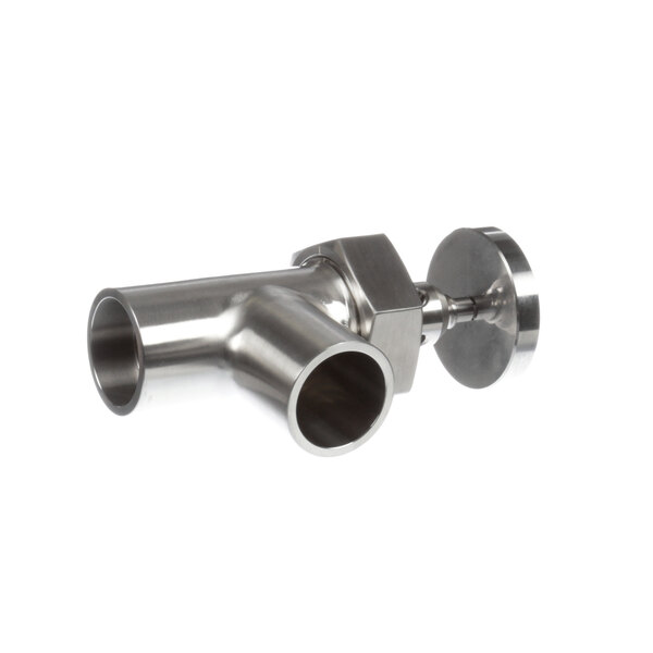 A Legion stainless steel draw off valve with a round handle on a metal pipe.