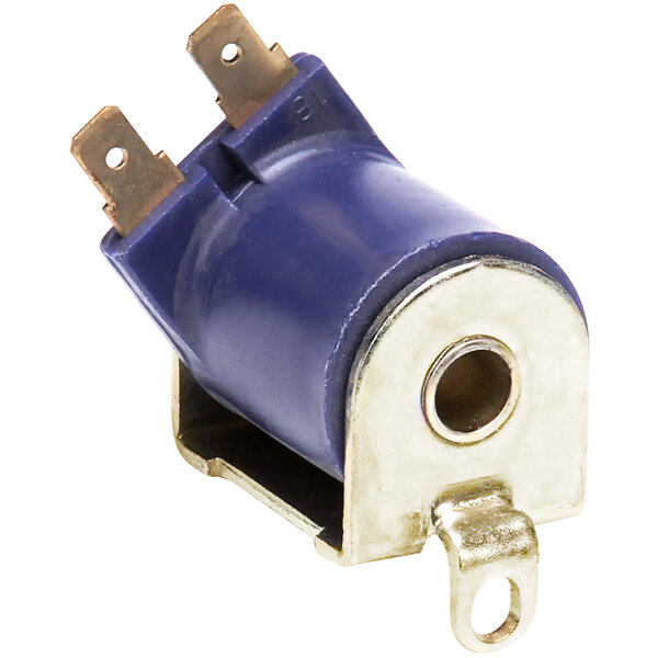 A blue and silver metal electrical device with a coil inside.
