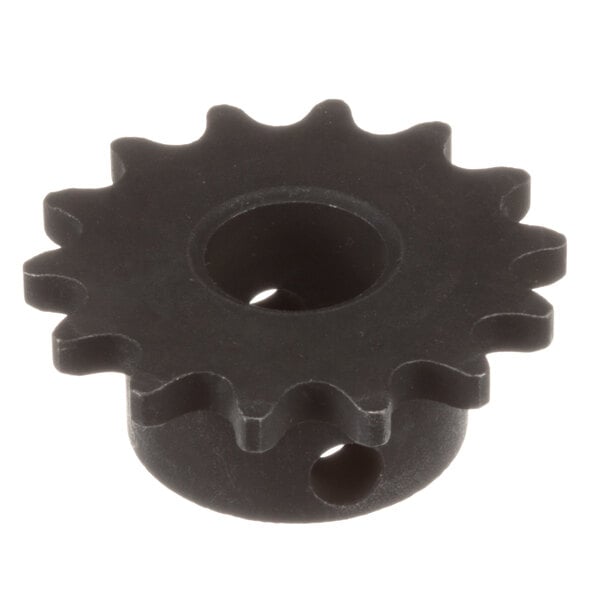 A black plastic gear with holes.