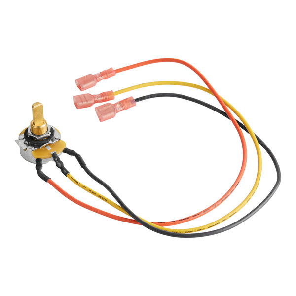 A remote potentiometer with three attached colored wires and connectors.