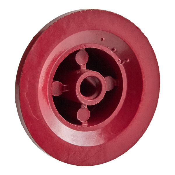 A red, circular plastic knob with a central hole and three supporting spokes, viewed from the back.