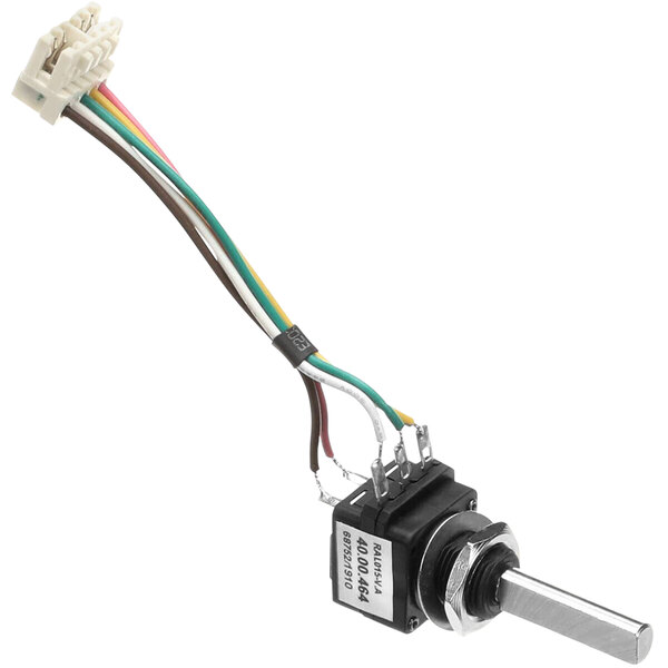 A close-up of a Rational potentiometer switch with wires attached.