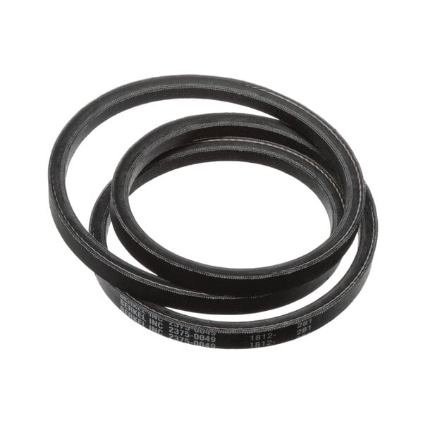 A black rubber belt with white text.