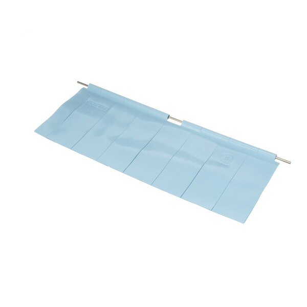 A blue plastic sheet with a metal rod.