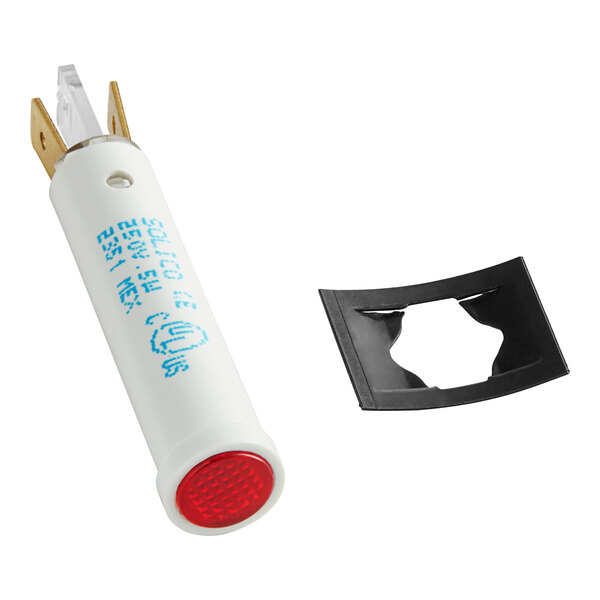 A white and red light bulb with a black plastic cap and blue writing.