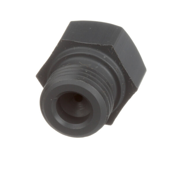 A black plastic threaded nut with a hole.