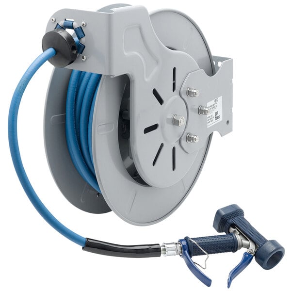A T&S blue epoxy coated steel hose reel with a hose attached.