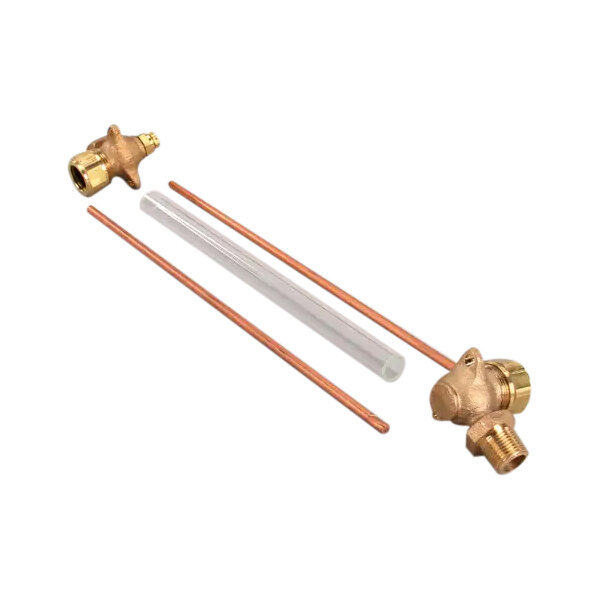 A sight glass assembly kit with brass fittings, copper rods, and a clear glass tube.