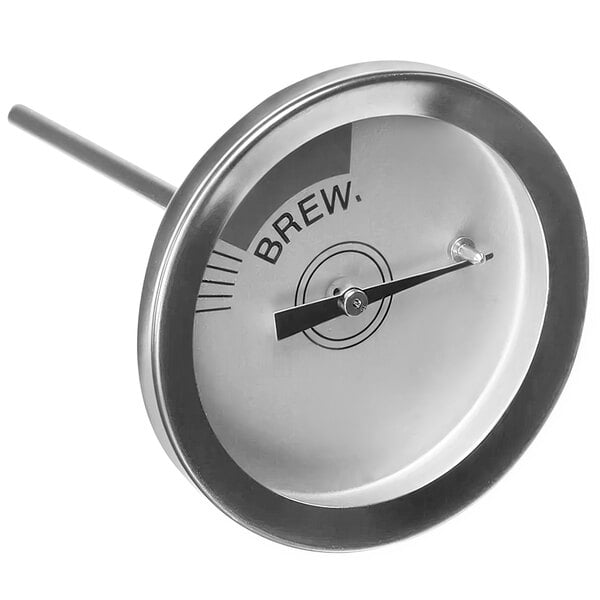 A close-up of a Grindmaster-Cecilware stainless steel thermometer.