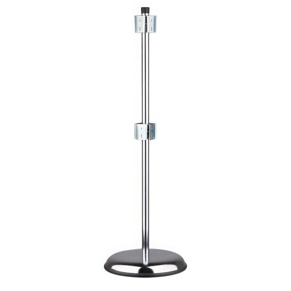 A metal pole with a black base and chrome legs.
