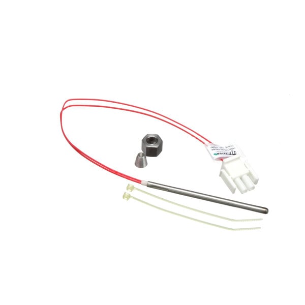 A red wire with a nut connected to a white probe.