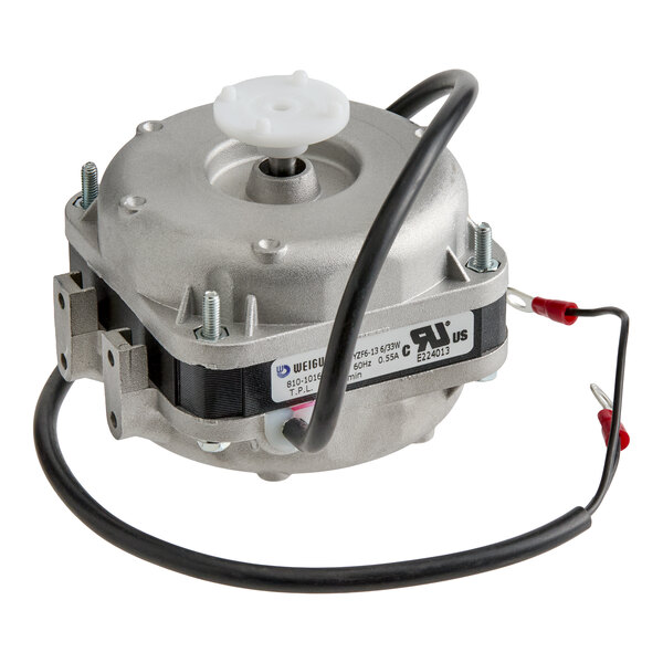 A metallic electric motor with a round housing, mounting brackets, a white plastic component on top, and attached black wires with red connectors.