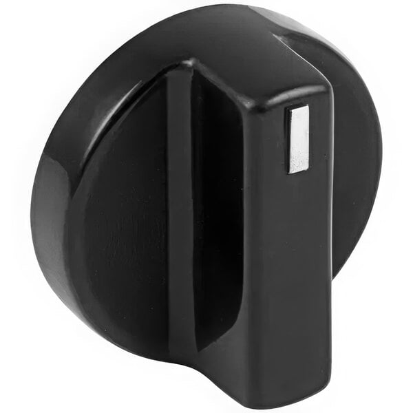 A black Bakers Pride gas valve knob with a silver stripe.