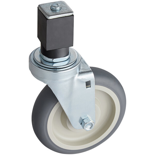 An Accutemp caster wheel with a metal square plate.