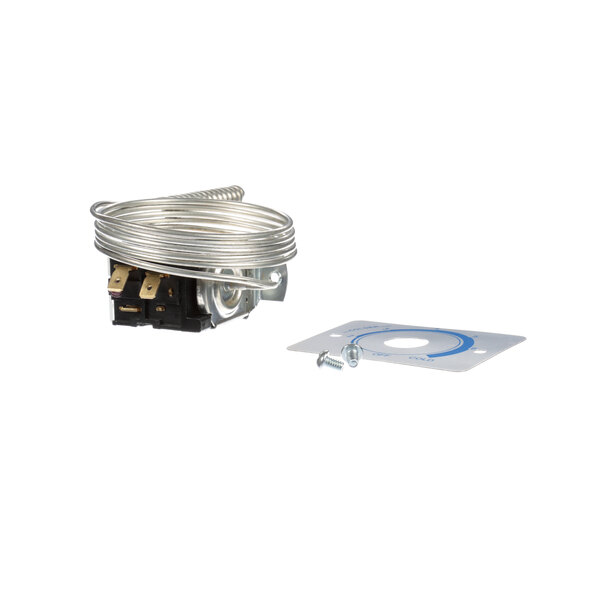 A small silver Perlick thermostat with a wire and a small metal plate.