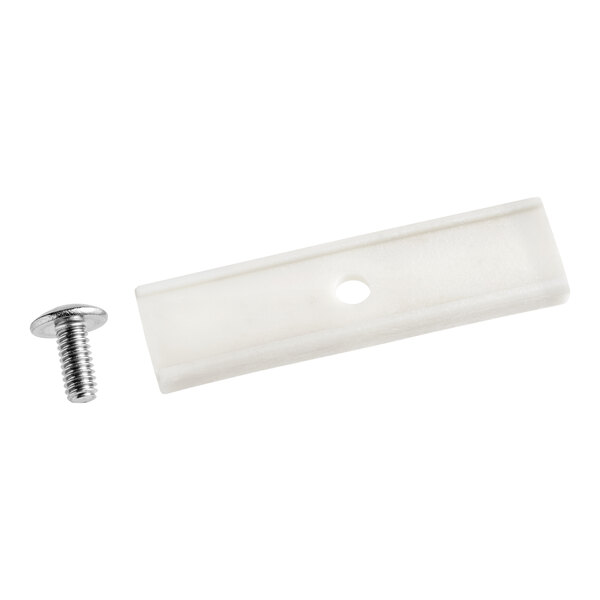 A white rectangular door guide with a hole for a screw.