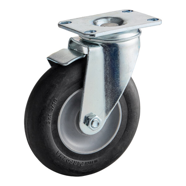 A metal swivel caster wheel with a black rubber tire and a mounting plate, featuring a brake lever.