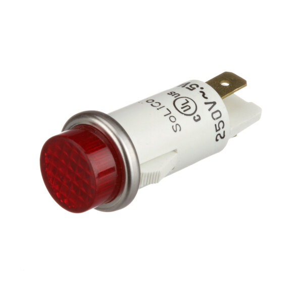 A close-up of a red Randell indicator light with a metal ring.