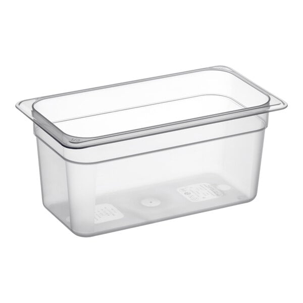 A Cambro translucent polypropylene food pan with a clear lid.