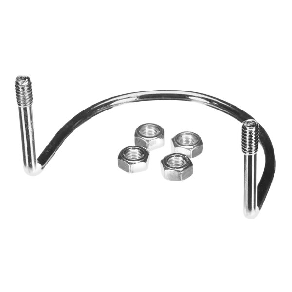 A metal thermostat guard kit with a curved bar and four hex nuts.