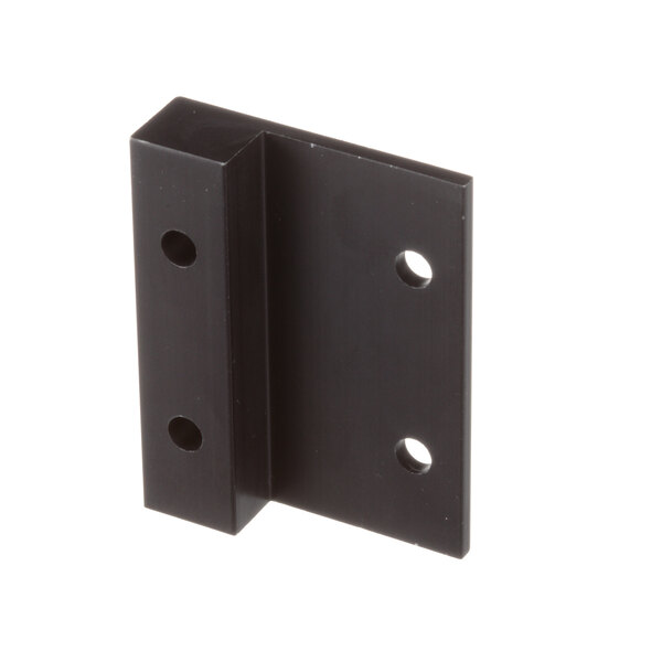 A black metal corner bracket with holes.