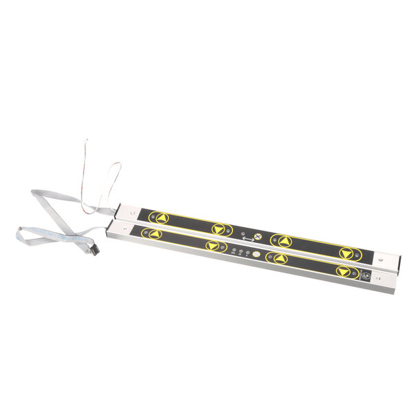 A pair of metal bars with black and yellow Duke 156756 keyboard labels.