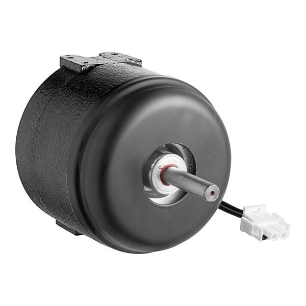 A black round Scotsman 115v fan motor with a white wire.