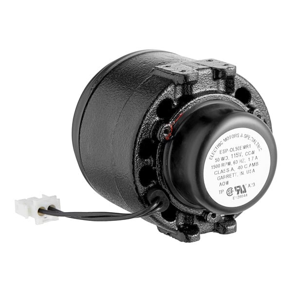 A black round Scotsman fan motor with wires.