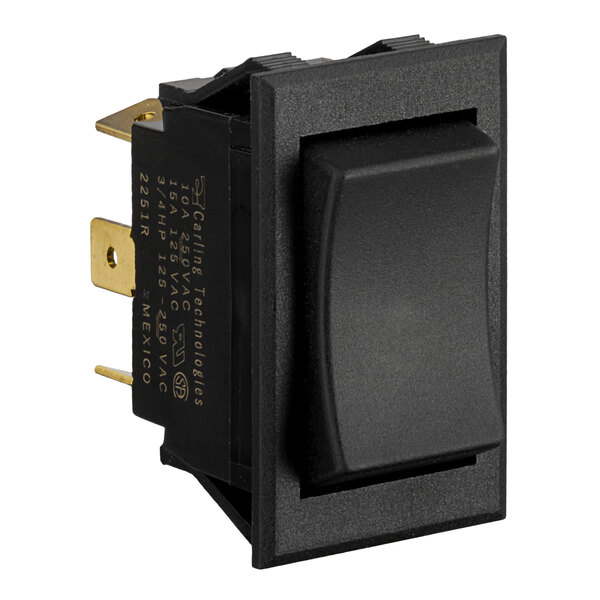 A close-up of a black toggle switch with a gold knob.