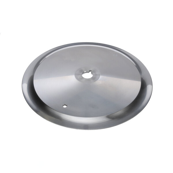 A stainless steel Berkel knife plate with a hole in the center.