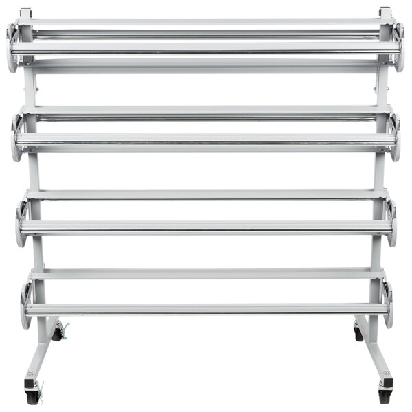 a white metal rack with wheels