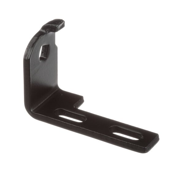 A black metal Beverage-Air bottom hinge bracket with holes on a white background.