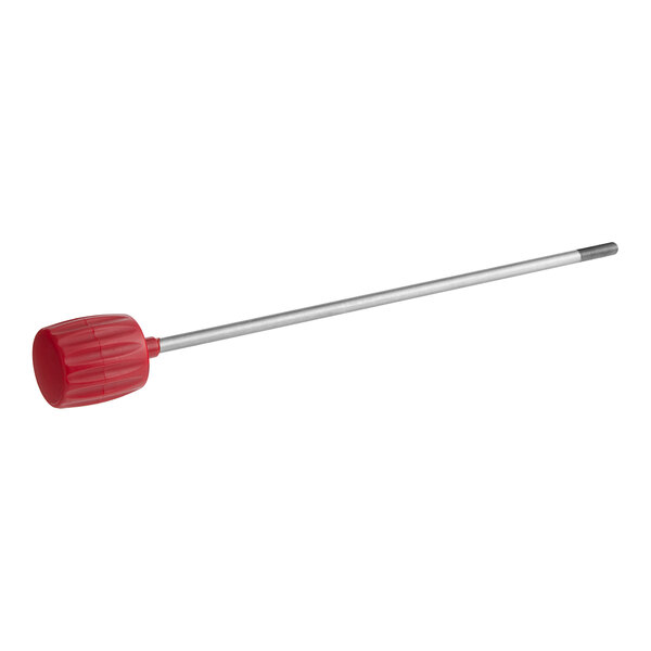 A red plastic and metal center plate rod with a knob.