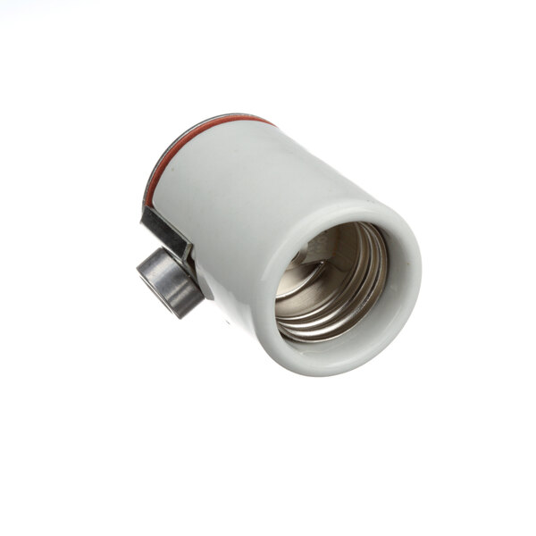 A white porcelain lamp holder with a red band.
