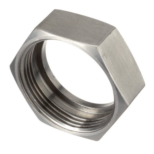 A silver hex nut with a silver bolt.