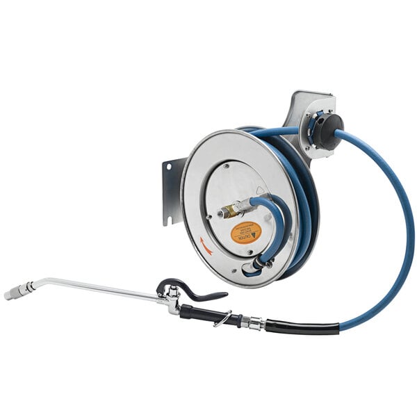 A T&S stainless steel hose reel with a hose attached.