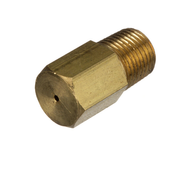A close-up of a brass threaded pipe fitting.