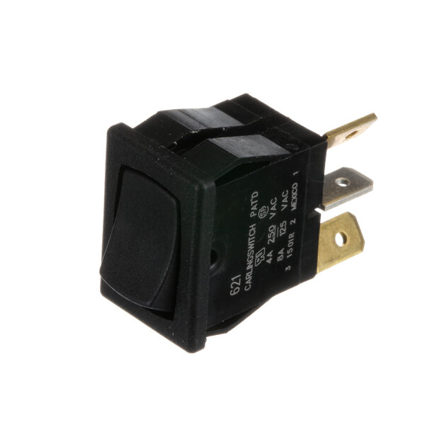 A black Hoshizaki Carlingswitch rocker switch with a gold plug.