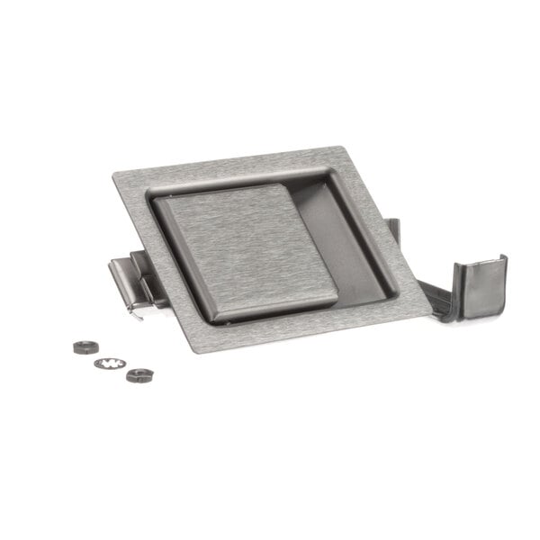 A silver metal LTH PDL ETC paddle latch with screws and a screwdriver.