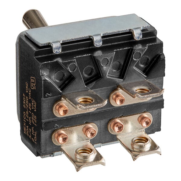 A black and silver Hatco heavy duty toggle switch with three wires.