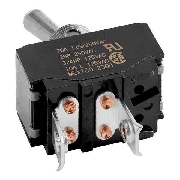 A black and silver Hatco toggle switch with a silver handle and two copper contacts.