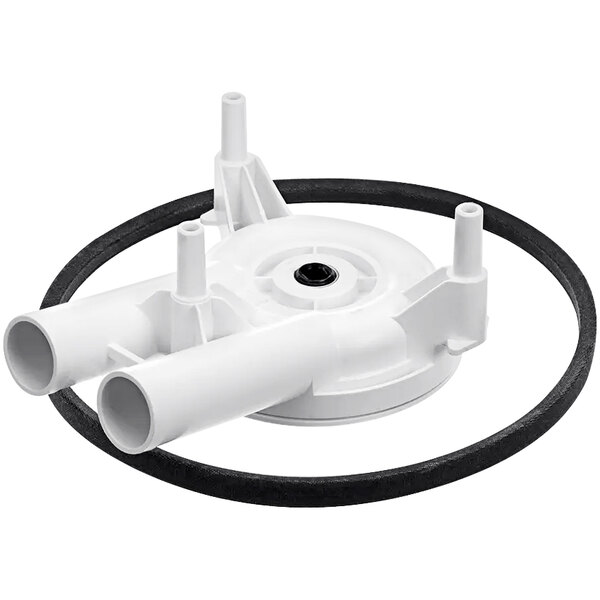 A white plastic water pump with black rubber rings.