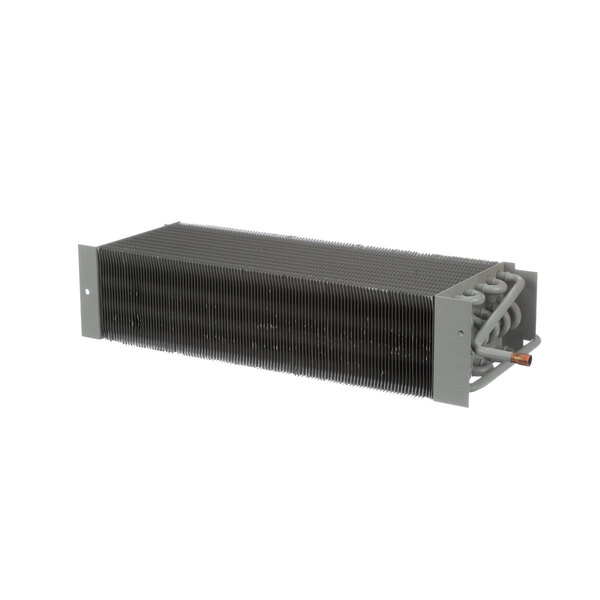A close-up of a black metal Randell evaporator coil.